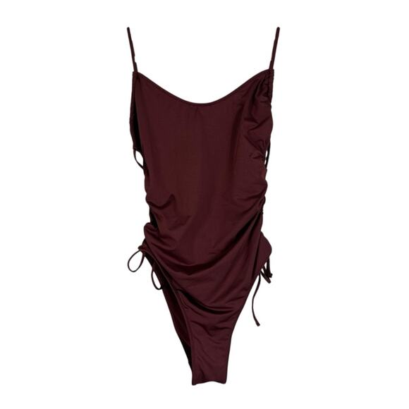 Zara One Piece Swimsuit Womens S Brown Cut Out Open Side Tie Minimalist Earthy - Picture 2 of 6